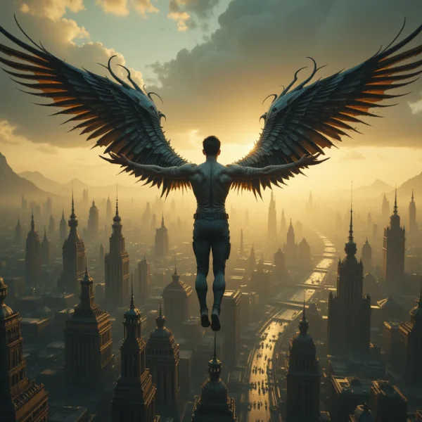 Figura humana volando sobre una ciudad futurista o antigua, vista desde arriba. El personaje extiende los brazos como alas. Luz del amanecer, tonos dorados y azulados. Estilo surrealista, atmosférico.
