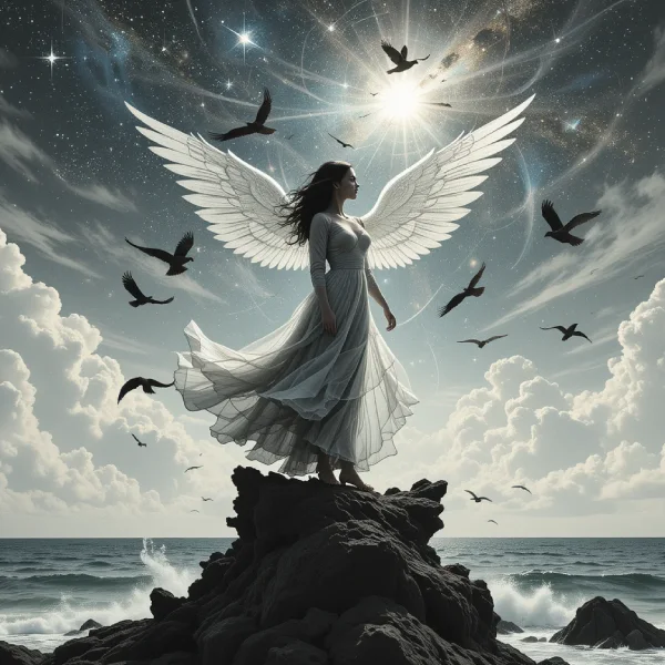 Silueta de una mujer con alas translúcidas alzándose al cielo sobre un acantilado, con el mar abajo y aves volando alrededor. Cielo estrellado, ambiente místico. Estilo realista con toques de fantasía.