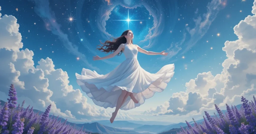 Persona flotando suavemente sobre un paisaje onírico con nubes, estrellas y luces tenues, expresión serena y libertad. Estilo artístico, colores azul cielo, blanco y lavanda, sensación de ligereza y paz interior.